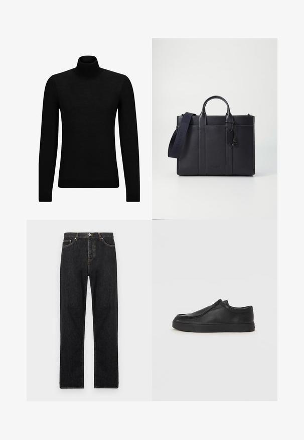 Mustahuivi neule, joka on valmistettu pehmeästä materiaalista, jossa on pitkät hihat ja tiukka istuvuus. Ribbaus reunassa ja hihansuissa. Yksinkertainen muotoilu.; Mustat farkut suoralla mitoituksella, joissa on nappisulku, viisi taskua ja huomaamattomat ompeluyksityiskohdat saumoissa.; Musta nahkainen slip-on-kengät pyöristetyllä varvalla, tikattu yksityiskohta ja musta kumipohja. Sileä pinta ja minimalistinen muotoilu.; Tummansininen nahkainen salkku, jossa on kaksinkertaiset yläkahvat ja irrotettava hihna. Varustettu tekstuuripinnalla, pystysuoralla ompeleella ja logotiedoilla.