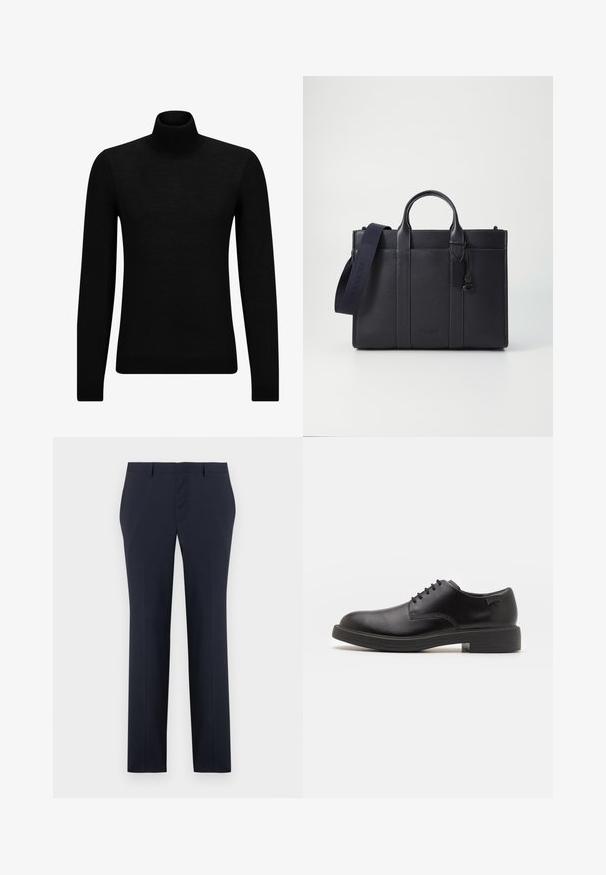 Jersey de cuello alto negro hecho de un material suave, con mangas largas y un ajuste ceñido. Ribete acanalado en el dobladillo y los puños. Diseño simple.; Pantalones de navy ajustados con una textura suave, diseño de pierna recta y dos bolsillos laterales. Presenta una cinturilla con pasadores para cinturón.; Zapato negro de cuero con cordones, punta redondeada, textura suave, costuras mínimas y tacón bajo de goma. Logo en el tacón.; Maletín de cuero negro marino con dos asas superiores y una correa desmontable. Presenta un acabado texturizado, costura vertical y detalle del logo.