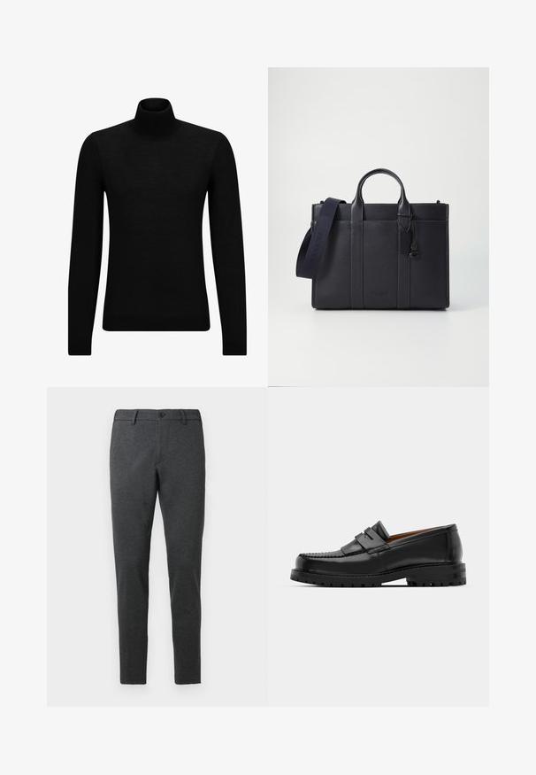 Black turtleneck sweater made of soft material, featuring long sleeves and a snug fit. Ribbed trim at the hem and cuffs. Simple design.; Dark gray trousers made from a textured fabric. Fitted design with a straight leg, featuring a single button closure and belt loops.; Black leather loafers feature a raised seam, two decorative straps on the upper, and a thick textured sole for added grip.; Dark navy leather briefcase with dual top handles and a detachable strap. Features textured finish, vertical stitching, and logo detail.