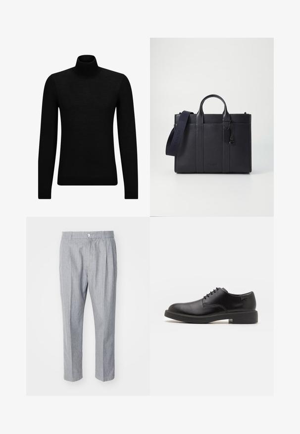Μαύρο πουλόβερ σταυρωτό λαιμό, φτιαγμένο από μαλακό υλικό, με μακριά μανίκια και εφαρμοστή γραμμή. Ριγωτή λεπτομέρεια στο τελείωμα και στους καρπούς. Απλός σχεδιασμός.; Γκρι ριγέ παντελόνι με πτυχές μπροστά, φτιαγμένο από ελαφρύ ύφασμα. Διαθέτει κούμπωμα με κουμπί και ευθεία γραμμή.; Μαύρο δερμάτινο παπούτσι με κορδόνια, με στρογγυλή μύτη, λεία υφή, ελάχιστη ραφή και χαμηλή καουτσούκ σόλα. Λογότυπο στη σόλα.; Σκούρο ναυτικό δερμάτινο χαρτοφύλακα με διπλές λαβές στην κορυφή και αποσπώμενο λουρί. Διαθέτει υφή με ανάγλυφη επιφάνεια, κάθετη ραφή και λεπτομέρεια με λογότυπο.