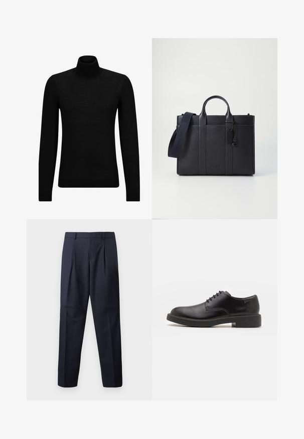 Fekete garbó pulóver puha anyagból, hosszú ujjakkal és szoros fazonnal. Ribbed díszítés az alján és az ujjak végén. Egyszerű dizájn.; Tengerészekből készült, szőtt anyagú nadrág, egyenes szárú dizájnnal, két elülső redővel és sima felülettel, övakasztókkal.; Fekete bőrcipő, kerek orrú, sima felületű, minimális varrással és alacsony gumitalppal. Logó a sarokrészen.; Sötét tengerészkék bőr aktatáska, dupla felső fogantyúval és levehető pánttal. Texturált felülettel, függőleges varrással és logó részlettel rendelkezik.