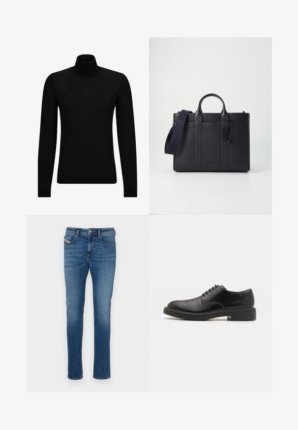 Melnā augstā kakla džemperis, kas izgatavots no mīksta materiāla, ar garām piedurknēm un pieguļušu piegriezumu. Ribota apdare ap apakšu un piedurknēm. Vienkāršs dizains.; Tumši zili džinsa bikses ar šauru piegriezumu, kurām ir klasiskā piecu kabatu dizains, smalka izbalēšana un kontrastējošas šuvju detaļas.; Melna āda sašūta kurpe ar noapaļotu purngalu, gludu tekstūru, minimālu šuvju skaitu un zemu gumijas papēdi. Logo uz papēža.; Tumši jūras zila ādas portfelis ar divām augšējām rokturiem un noņemamu siksnu. Ar teksturētu apdari, vertikālām šuvēm un logo detaļu.