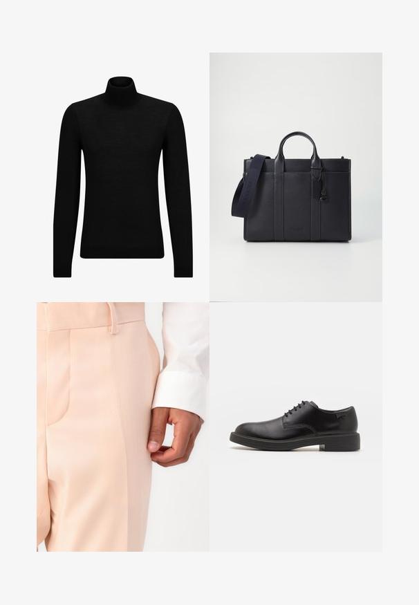 Fekete garbó pulóver puha anyagból, hosszú ujjakkal és szoros fazonnal. Ribbed díszítés az alján és az ujjak végén. Egyszerű dizájn.; Halvány rózsaszín, testre szabott nadrág sima textúrával, oldalsó zsebbel és övbujtóval, fehér ingujjjal párosítva.; Fekete bőrcipő, kerek orrú, sima felületű, minimális varrással és alacsony gumitalppal. Logó a sarokrészen.; Sötét tengerészkék bőr aktatáska, dupla felső fogantyúval és levehető pánttal. Texturált felülettel, függőleges varrással és logó részlettel rendelkezik.