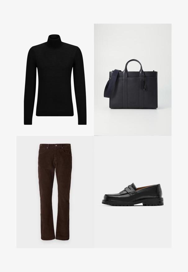 Melnā augstā kakla džemperis, kas izgatavots no mīksta materiāla, ar garām piedurknēm un pieguļušu piegriezumu. Ribota apdare ap apakšu un piedurknēm. Vienkāršs dizains.; Brūni korduroja bikses ar taisnu piegriezumu, kas ir aprīkotas ar piecām kabatām, pogu aizdari un vertikālām svītrām auduma tekstūrā.; Melni ādas loafers cepumi izceļas ar paceltu šuvu, divām dekoratīvām siksnām augšpusē un biezu teksturētu zoli labākai saķerei.; Tumši jūras zila ādas portfelis ar divām augšējām rokturiem un noņemamu siksnu. Ar teksturētu apdari, vertikālām šuvēm un logo detaļu.