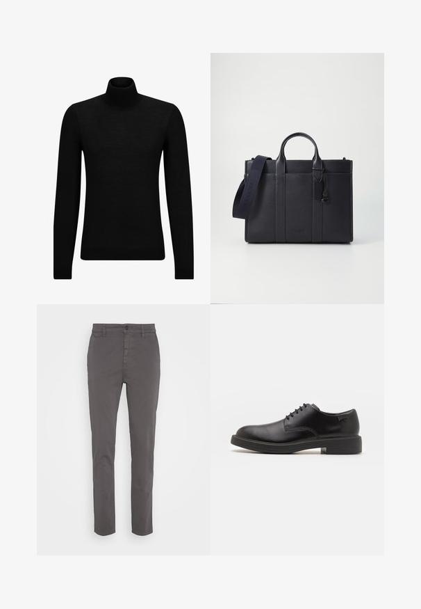 Black turtleneck sweater made of soft material, featuring long sleeves and a snug fit. Ribbed trim at the hem and cuffs. Simple design.; Grey chinos with a slim fit, made from breathable cotton. Features a button closure and side pockets, with a smooth, matte finish.; Black leather lace-up shoe with a rounded toe, smooth texture, minimal stitching, and a low rubber heel. Logo on the heel.; Dark navy leather briefcase with dual top handles and a detachable strap. Features textured finish, vertical stitching, and logo detail.