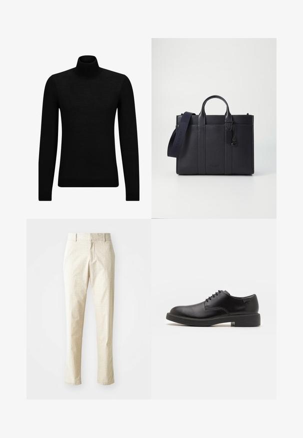 Pulover negru cu guler înalt, realizat dintr-un material moale, cu mâneci lungi și o croială ajustată. Tiv și mansete cu margine ondulată. Design simplu.; Pantaloni bej deschis, croiți pe măsură, cu un model texturat, cu croială dreaptă și talie medie, având brâu pentru curea și fără buzunare vizibile.; Pantofii din piele neagră, cu șireturi, au vârful rotunjit, o textură netedă, cusături minime și un toc de cauciuc scăzut. Logo pe toc.; Servietă din piele de culoare albastru închis, cu două mânere superioare și o curea detasabilă. Prezintă un finisaj texturat, cusături verticale și detalii cu logo.