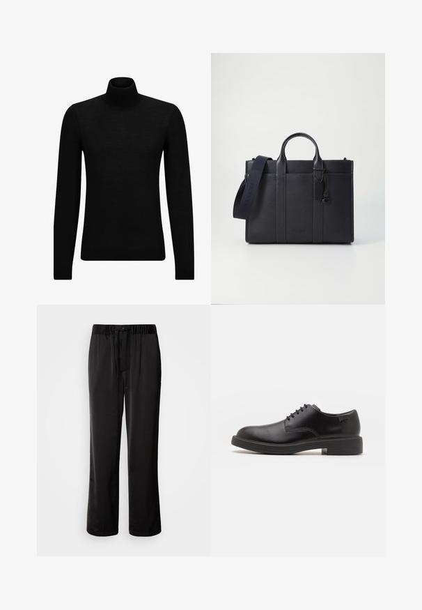 Schwarzer Rollkragenpullover aus weichem Material mit langen Ärmeln und enger Passform. Rippbesatz am Saum und an den Bündchen. Einfaches Design.; Schwarze, weit geschnittene Hosen mit elastischem Bund und verstellbarem Kordelzug. Glattes Material mit seitlichen Nähten, keine Taschen.; Schwarzer Leder-Schnürschuh mit abgerundetem Zeh, glatter Textur, minimaler Naht und niedrigem Gummiabsatz. Logo auf der Ferse.; Dunkelblaues Lederaktentasche mit doppelten oberen Griffen und einem abnehmbaren Gurt. Merkmale sind die strukturierte Oberfläche, vertikale Nähte und das Logo-Detail.