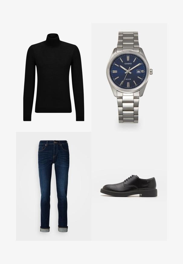 Pulover negru cu guler înalt, realizat dintr-un material moale, cu mâneci lungi și o croială ajustată. Tiv și mansete cu margine ondulată. Design simplu.; Jeans negri închis, cu un design cu picioare drepte, cu fermoar și tiv răsfrânt. Realizați din denim cu decolorare ușoară și detalii de coasere în contrast.; Pantofii din piele neagră, cu șireturi, au vârful rotunjit, o textură netedă, cusături minime și un toc de cauciuc scăzut. Logo pe toc.; Ceas de mână din oțel inoxidabil argintiu cu un cadran albastru marin, marcaje orare metalice și o fereastră pentru dată la ora 3. Rezistent la apă până la 50 de metri.