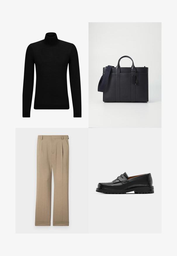 Musthave muströid ja pehmest materjalist must turtleneck, millel on pikad varrukad ja tihe istuvus. Ribaga ääris allservas ja vöökohal. Lihtne disain.; Bežid püksid, mis on valmistatud kergest kangast, sirge jala disainiga, topelt voldite ja keritud varrukatega, et tagada mugav istuvus.; Mustad mustad nahast kingad on varustatud tõstetud õmblusega, kahe dekoratiivse rihmaga peal, ja paksu tekstuuriga tallaga paremaks haardeks.; Tumedat mere nahkbriefcase kahekordsete ülemiste käepidemetega ja eemaldatava rihmaga. Omab tekstureeritud viimistlust, vertikaalset õmblust ja logodetaili.