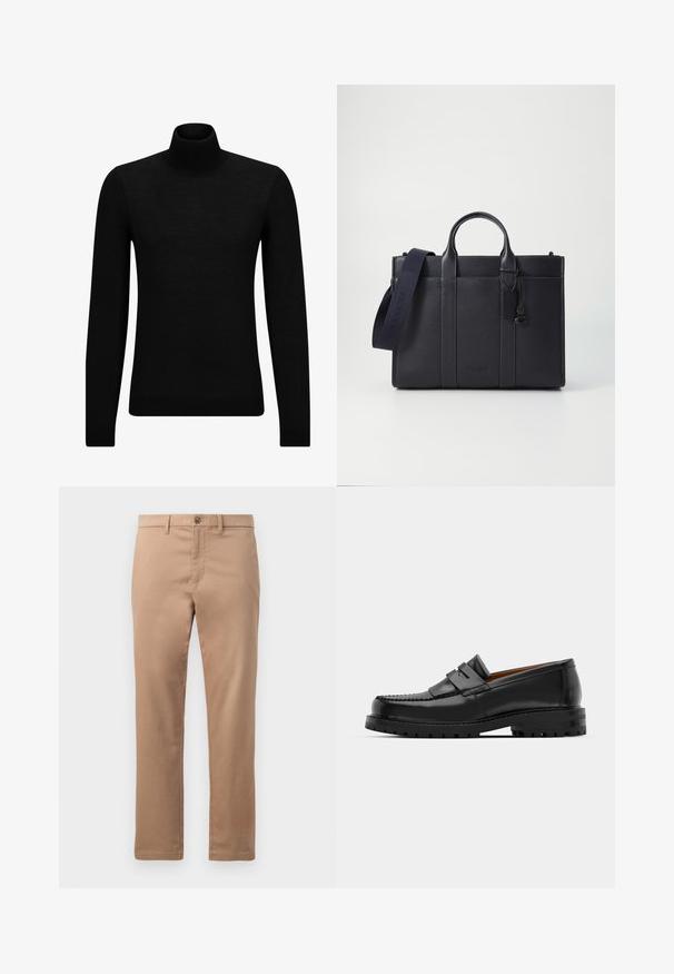 Černý rolák vyrobený z měkkého materiálu, s dlouhými rukávy a těsným střihem. Hladký lem na spodním okraji a manžetách. Jednoduchý design.; Béžové chinos z bavlny s hladkým povrchem, se zipovým zapínáním a knoflíkovým uzávěrem. Rovný střih, bez viditelných vzorů nebo akcentů.; Černé kožené mokasíny mají zvýšený šev, dvě dekorativní pásky na svršku a silnou strukturovanou podrážku pro lepší přilnavost.; Tmavě námořnická kožená aktovka s dvojitými horními rukojeťmi a odnímatelným popruhem. Má texturovaný povrch, vertikální švy a detail s logem.