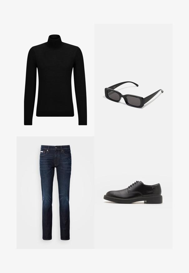 Mustahuivi neule, joka on valmistettu pehmeästä materiaalista, jossa on pitkät hihat ja tiukka istuvuus. Ribbaus reunassa ja hihansuissa. Yksinkertainen muotoilu.; Tummansiniset farkut, joissa on suora lahje, messinkiset niitit, napitus edessä ja huomaamaton haalistu kohdalla.; Mustat nahkasaappaat, joissa on pyöreä kärki, sileä pinta, minimaalinen ommel ja matala kumipohja. Logo kannassa.; Mustat suorakaiteen muotoiset aurinkolasit, joissa tummat linssit, kiiltävä pinta, leveät sangan varret ja massiivinen kehysmuotoilu. Yhden sangansivun kaiverrettu brändinimi.