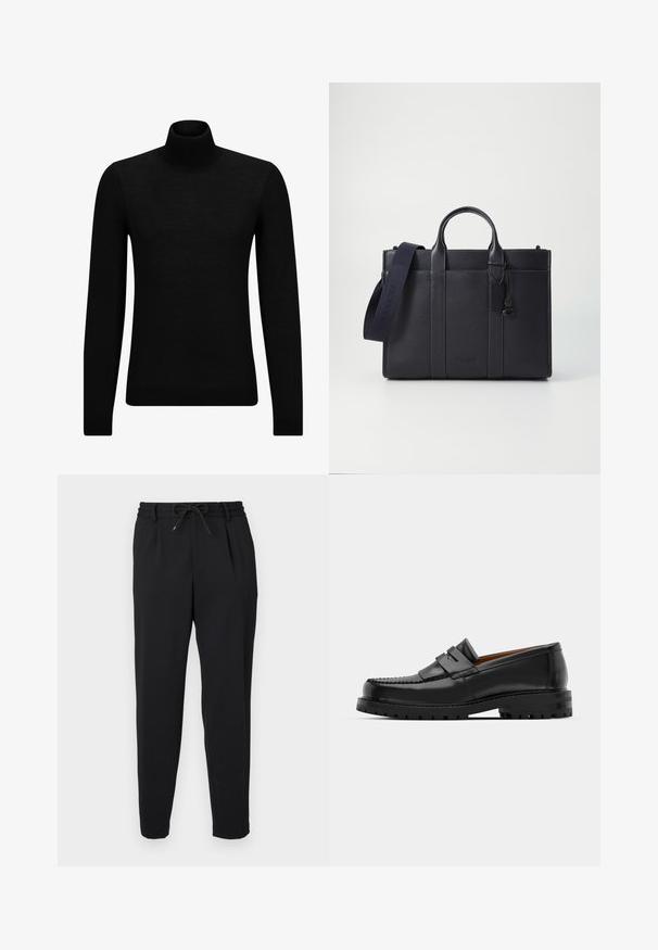 Black turtleneck sweater made of soft material, featuring long sleeves and a snug fit. Ribbed trim at the hem and cuffs. Simple design.; Black trousers made from a textured fabric, featuring an elastic waistband with a drawstring, and tapered leg design.; Black leather loafers feature a raised seam, two decorative straps on the upper, and a thick textured sole for added grip.; Dark navy leather briefcase with dual top handles and a detachable strap. Features textured finish, vertical stitching, and logo detail.