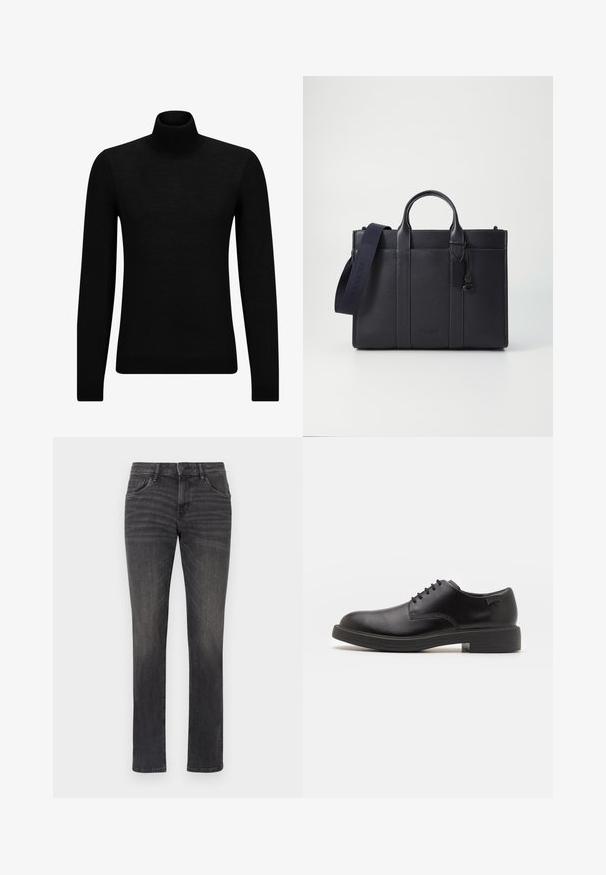 Crni dukserica s visokim ovratnikom, napravljena od mekanog materijala, s dugim rukavima i priljubljenim krojem. Rebrasti detalji na donjem rubu i rukavima. Jednostavan dizajn.; Sivi traperice s ravnim nogavicama, pet džepova i suptilnim izgužvanjima sprijeda. Ima kopčanje na dugme i petlje za pojas.; Crne kožne cipele s vezanjem i zaobljenim vrhom, glatke teksture, minimalnim šavovima i niskim gumiranim potplatom. Logo se nalazi na peti.; Tamno plavi kožni aktovka s dvije gornje ručke i odvojivim remenom. Ima teksturiranu površinu, vertikalno šivenje i detalj s logotipom.