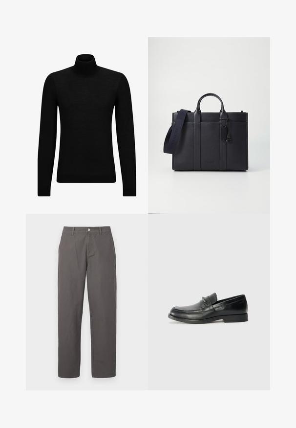 Czarny sweter z golfem wykonany z miękkiego materiału, z długimi rękawami i dopasowanym krojem. Żebrowane wykończenie na dolnym brzegu i mankietach. Prosty design.; Szare bawełniane spodnie o prostym kroju nogawki, z zapięciem na guzik z przodu, zamkiem błyskawicznym oraz kieszeniami bocznymi. Gładka faktura, bez wzorów.; Czarne skórzane mokasyny z okrągłym noskiem, z haftowanym wzorem, małym przednim paskiem z detalami metalowymi oraz płaską gumową podeszwą.; Ciemnogranatowa skórzana teczka z podwójnymi rączkami u góry i odpinanym paskiem. Posiada teksturowane wykończenie, pionowe przeszycia oraz detal z logo.