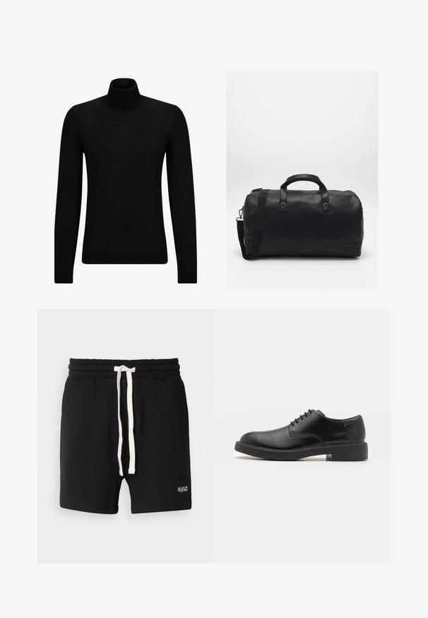 Zwarte coltrui van zacht materiaal, met lange mouwen en een snug fit. Geribbelde afwerking aan de onderkant en mouwen. Eenvoudig ontwerp.; Zwarte katoenen shorts met een elastische tailleband, met een crèmekleurige trekkoord en een klein wit "HUGO" logo aan de onderkant.; Zwarte leren veterschoen met een ronde neus, een gladde textuur, minimale stiksels en een lage rubberen hak. Logo op de hak.; Zwarte duffelbag gemaakt van textuursynthetisch materiaal. Beschikt over twee handvaten en een verstelbare schouderband. Eenvoudig ontwerp zonder zichtbare patronen.