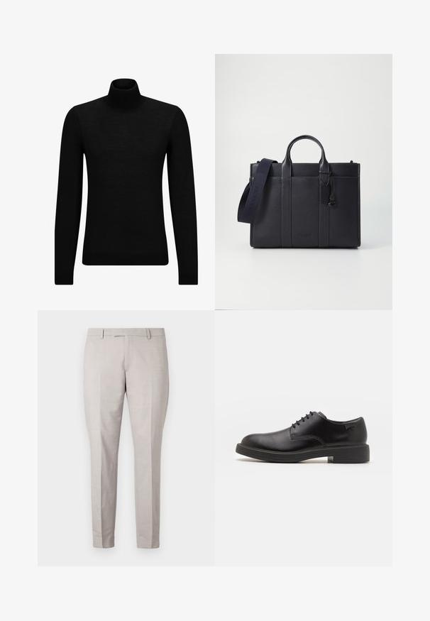 Pull à col roulé noir en matériau doux, avec des manches longues et une coupe ajustée. Finition côtelée au bas et aux poignets. Design simple.; Pantalons gris clair en tissu lisse, avec un devant plat, des jambes droites et une taille ajustée avec passants de ceinture.; Chaussure noire en cuir à lacets avec un embout arrondi, texture lisse, piqures minimales et un petit talon en caoutchouc. Logo sur le talon.; Malette en cuir bleu marine foncé avec deux poignées supérieures et une sangle détachable. Présente une finition texturée, des coutures verticales et un détail de logo.