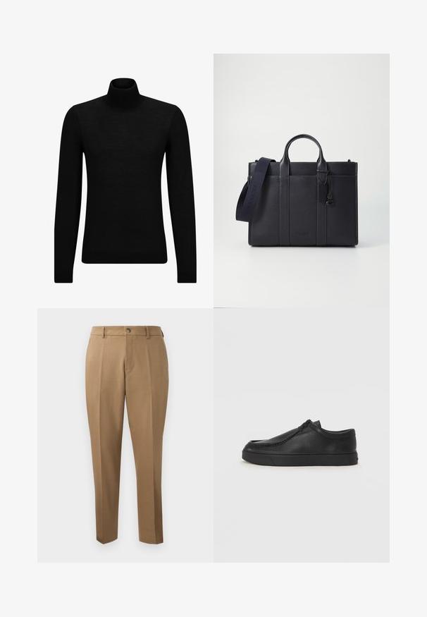 Pulôver de gola alta preto, feito de material suave, com mangas longas e ajuste justo. Acabamento canelado na barra e punhos. Design simples.; Calças castanhas sob medida com corte direito, pregas únicas, passantes para cinto e fecho frontal com botão. Tecido suave com uma textura mate.; Sapata slip-on de couro preto com biqueira arredondada, detalhes cosidos e sola de borracha preta. Textura suave com design minimalista.; Pasta de couro azul-marinho escura com alças superiores duplas e uma alça destacável. Apresenta um acabamento texturizado, costura vertical e detalhe do logotipo.