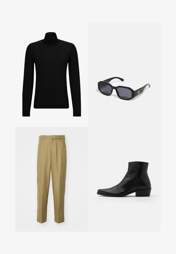 Fekete garbó pulóver puha anyagból, hosszú ujjakkal és szoros fazonnal. Ribbed díszítés az alján és az ujjak végén. Egyszerű dizájn.; Beige színű, texturált anyagból készült nadrág, egyenes láb kialakítással, övpántokkal és elülső redőkkel.; Fekete bőr bokacsizma hegyes orral, minimális varrási részletekkel, közepes magasságú tömbsarkúval és sima, fényes felülettel.; Fekete napszemüveg, nyolcszögletű kerettel, sötét lencsékkel, fényes műanyagból készült, és egy ezüst logós kiegészítővel az egyik oldalon.