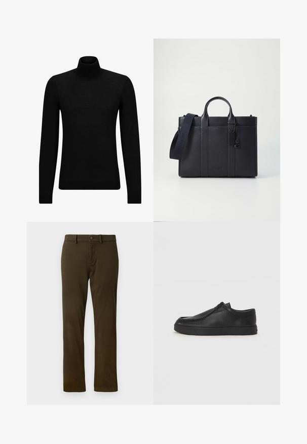 Zwarte coltrui van zacht materiaal, met lange mouwen en een snug fit. Geribbelde afwerking aan de onderkant en mouwen. Eenvoudig ontwerp.; Donkergroene chino broek met een klassieke pasvorm, riemlussen en een sluiting met een knoop aan de voorkant. Gladde, gestructureerde stof met rechte benen.; Zwarte leren instapschoen met een ronde neus, gestikte details en een zwarte rubberen zool. Soepele textuur met een minimalistisch ontwerp.; Donkerblauwe leren aktetas met dubbele bovenhandgrepen en een afneembare schouderband. Kenmerkt zich door een gestructureerde afwerking, verticale stiksels en een logo-detail.