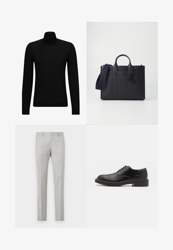 Fekete garbó pulóver puha anyagból, hosszú ujjakkal és szoros fazonnal. Ribbed díszítés az alján és az ujjak végén. Egyszerű dizájn.; Világosszürke, szabott nadrág sima felszínnel, lapos elülső résszel és két oldalzsebbel. Közvetlen lábszárakkal és diszkrét hajtás részletekkel rendelkezik.; Fekete bőrcipő, kerek orrú, sima felületű, minimális varrással és alacsony gumitalppal. Logó a sarokrészen.; Sötét tengerészkék bőr aktatáska, dupla felső fogantyúval és levehető pánttal. Texturált felülettel, függőleges varrással és logó részlettel rendelkezik.