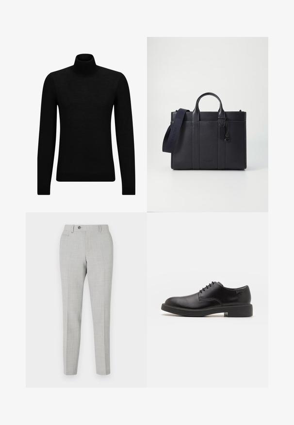 Čierny rolák vyrobený z jemného materiálu, s dlhými rukávmi a tesným strihom. Hranatý lem a manžety s ribbed úpravou. Jednoduchý dizajn.; Sivé priliehavé nohavice s jemným kockovaným vzorom, vyrobené z ľahkej tkaniny. Majú zapínanie na gombík a bočné vrecká. Silueta s úzkym strihom.; Čierne kožené šnurovacie topánky s okrúhlou špičkou, hladkým povrchom, minimálnym prešívaním a nízkym gumovým podpätkom. Logo na podpätku.; Tmavomodrá kožená aktovka s dvoma hornými uchami a odnímateľným popruhom. Disponuje textúrovaným povrchom, vertikálnym prešívaním a detailom loga.