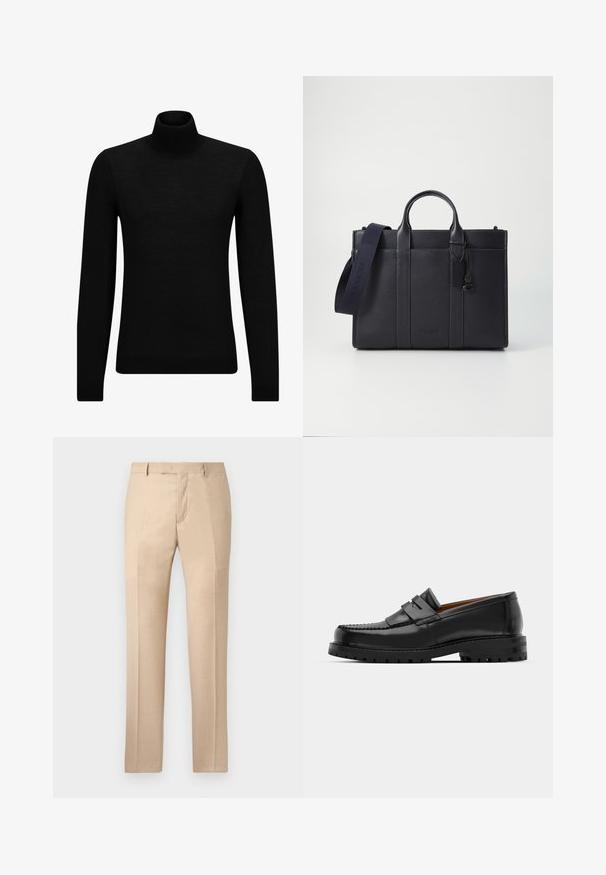 Črna turtleneck pulover iz mehkega materiala, z dolgimi rokavi in tesnim prileganjem. R ibana obroba na robu in rokavih. Preprosta zasnova.; Bež hlače s krojem, z gladko teksturo, ravnim sprednjim delom in ravnimi nogavicami. Imajo zanke za pas in skrito zadrgo.; Črne usnjene loafersice imajo dvignjen šiv, dve dekorativni trakovi na zgornjem delu in debel strukturiran podplat za boljši oprijem.; Temno mornarsko usnjeno aktovko z dvema zgoraj ročaji in odstranljivim trakom. Ima teksturirano površino, navpične šive in podrobnost z logotipom.