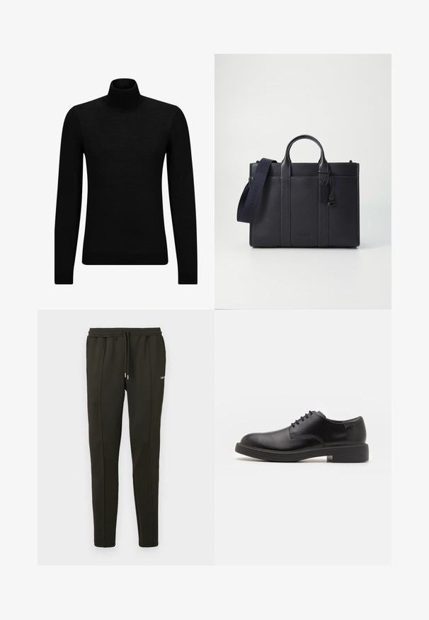 Zwarte coltrui van zacht materiaal, met lange mouwen en een snug fit. Geribbelde afwerking aan de onderkant en mouwen. Eenvoudig ontwerp.; Donkergroene joggingsbroek van geweven stof, met een elastische tailleband, koord en subtiele branding aan de zijkant.; Zwarte leren veterschoen met een ronde neus, een gladde textuur, minimale stiksels en een lage rubberen hak. Logo op de hak.; Donkerblauwe leren aktetas met dubbele bovenhandgrepen en een afneembare schouderband. Kenmerkt zich door een gestructureerde afwerking, verticale stiksels en een logo-detail.