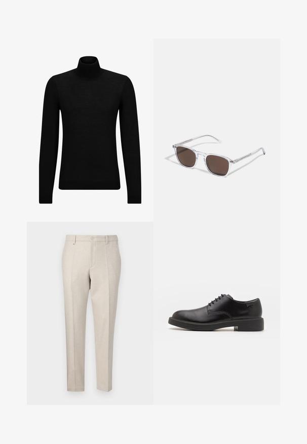 Svart genser med høy hals laget av mykt materiale, med lange ermer og en tettsittende passform. Ribbestrikket kant nederst og ved ermene. Enkelt design.; Beige skreddersydde bukser laget av teksturert stoff, med en klassisk fasong, pressede linjer og frontlommer.; Svart lær snøre sko med rund tå, glatt tekstur, minimal søm, og lav gummihæl. Logo på hælen.; Klare plastikk solbriller med rektangulære brune linser, med tynne, gjennomsiktige armer og metalldetaljer på templene.