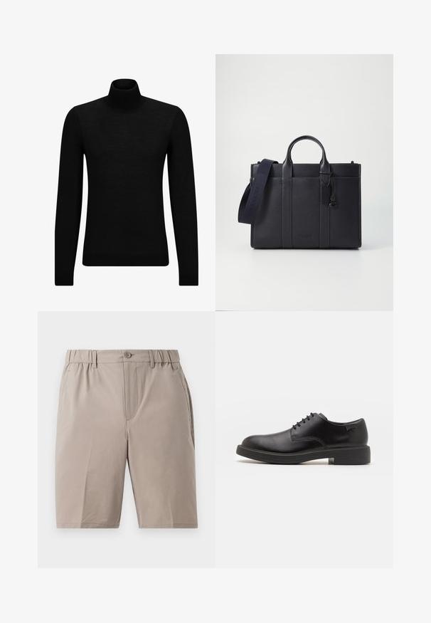 Melnā augstā kakla džemperis, kas izgatavots no mīksta materiāla, ar garām piedurknēm un pieguļušu piegriezumu. Ribota apdare ap apakšu un piedurknēm. Vienkāršs dizains.; Bežīgas bikses, kas izgatavotas no viegla auduma. Iespējas elastīgs jostasvīrs, pogu aizdare un sānu kabatas. Gluda tekstūra, ceļu garuma piegriezums.; Melna āda sašūta kurpe ar noapaļotu purngalu, gludu tekstūru, minimālu šuvju skaitu un zemu gumijas papēdi. Logo uz papēža.; Tumši jūras zila ādas portfelis ar divām augšējām rokturiem un noņemamu siksnu. Ar teksturētu apdari, vertikālām šuvēm un logo detaļu.