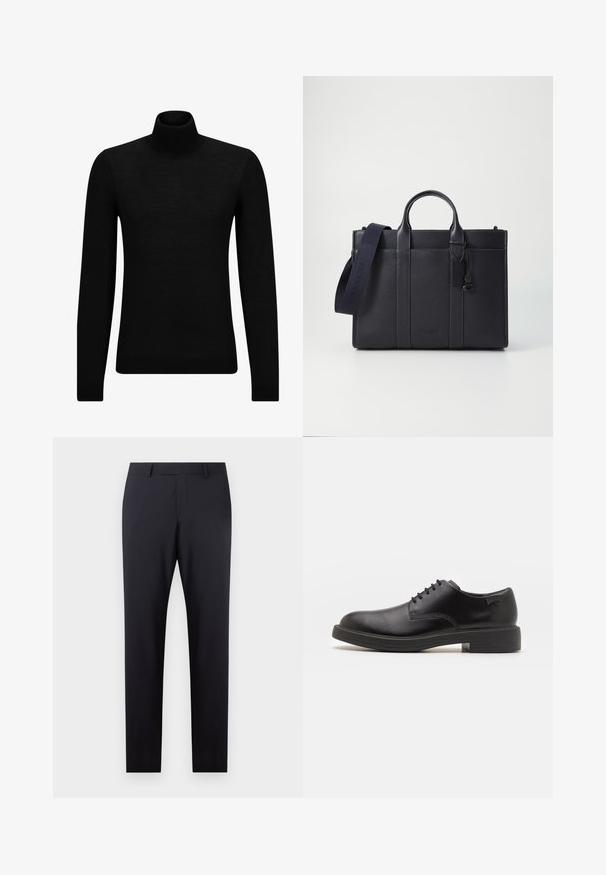 Fekete garbó pulóver puha anyagból, hosszú ujjakkal és szoros fazonnal. Ribbed díszítés az alján és az ujjak végén. Egyszerű dizájn.; Sötét tengerészkék, testre szabott nadrág lapos elejével, slim fit fazonnal, oldalsó zsebekkel és sima textúrával; nincs látható minta vagy díszítés.; Fekete bőrcipő, kerek orrú, sima felületű, minimális varrással és alacsony gumitalppal. Logó a sarokrészen.; Sötét tengerészkék bőr aktatáska, dupla felső fogantyúval és levehető pánttal. Texturált felülettel, függőleges varrással és logó részlettel rendelkezik.