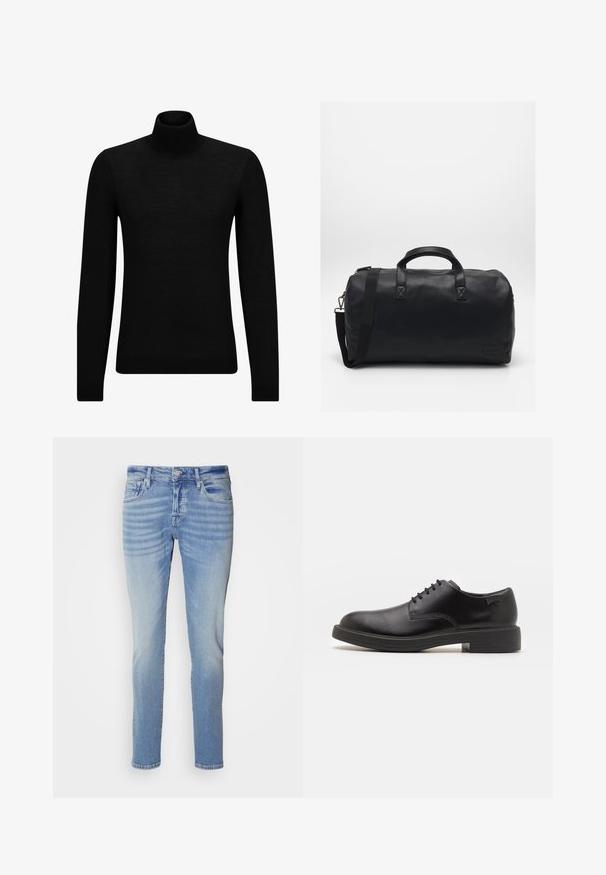 Svart genser med høy hals laget av mykt materiale, med lange ermer og en tettsittende passform. Ribbestrikket kant nederst og ved ermene. Enkelt design.; Scotch & Soda RALSTON - Jeans slim fit - freshen up dark; Svart lær snøre sko med rund tå, glatt tekstur, minimal søm, og lav gummihæl. Logo på hælen.; Svart duffelbag laget av teksturert syntetisk materiale. Har to hender og en justerbar skulderstropp. Enkel design uten synlige mønstre.
