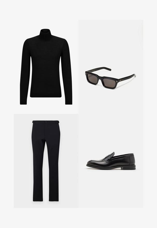Melnā augstā kakla džemperis, kas izgatavots no mīksta materiāla, ar garām piedurknēm un pieguļušu piegriezumu. Ribota apdare ap apakšu un piedurknēm. Vienkāršs dizains.; Melnas taisnas bikses, izgatavotas no gluda auduma. Aprīkotas ar jostas cilpu, pogu aizdari un nav redzamu rakstu vai akcentu.; Melnas ādas kurpes ar gludu tekstūru, noapaļu purngalu un dekoratīvu siksniņu pāri priekšpusei. Zems sakrauts papēdis, minimālisma dizains.; Melnas taisnstūra formas saulesbrilles ar tumšiem stikliem, bieza plastmasas rāmja, zelta akcenti pie tempļiem un zīmola logo iegravēts roku daļā.