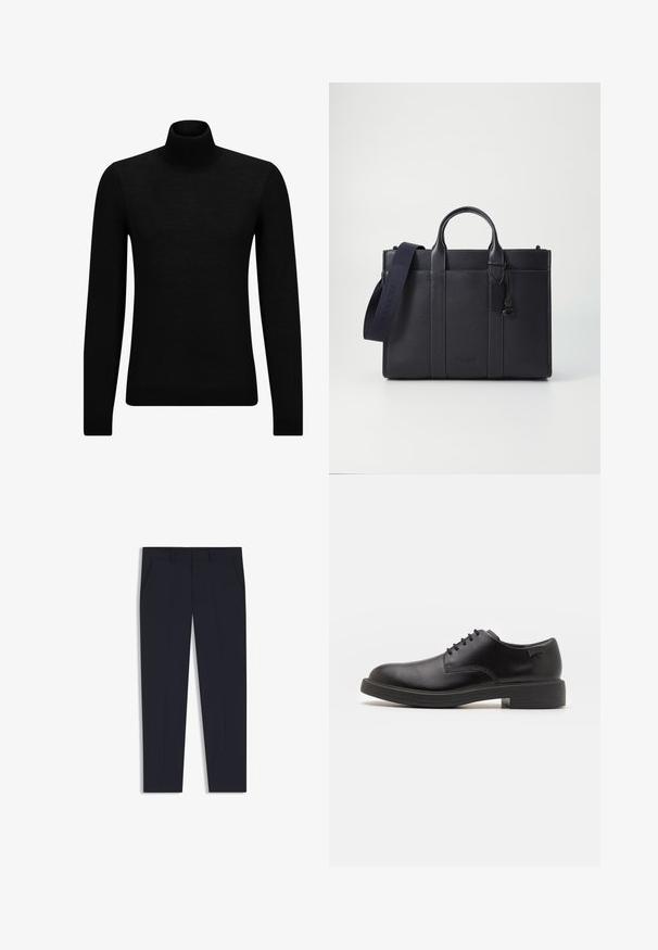 Zwarte coltrui van zacht materiaal, met lange mouwen en een snug fit. Geribbelde afwerking aan de onderkant en mouwen. Eenvoudig ontwerp.; Marineblauwe broek met een getailleerde pasvorm, voorzien van twee voorkruiden, een vlakke voorkant en een gladde textuur. Geen zichtbare patronen of versieringen.; Zwarte leren veterschoen met een ronde neus, een gladde textuur, minimale stiksels en een lage rubberen hak. Logo op de hak.; Donkerblauwe leren aktetas met dubbele bovenhandgrepen en een afneembare schouderband. Kenmerkt zich door een gestructureerde afwerking, verticale stiksels en een logo-detail.