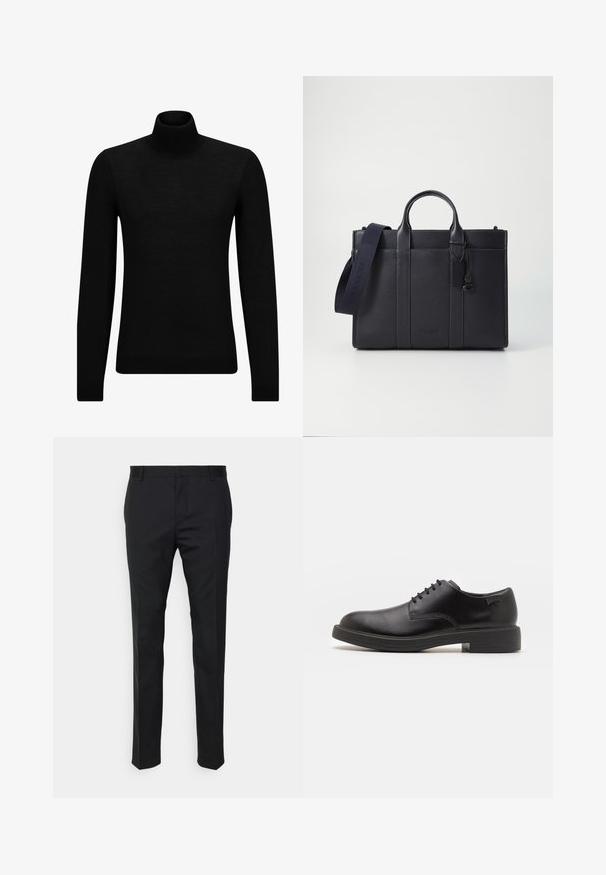 Melnā augstā kakla džemperis, kas izgatavots no mīksta materiāla, ar garām piedurknēm un pieguļušu piegriezumu. Ribota apdare ap apakšu un piedurknēm. Vienkāršs dizains.; Melnas pielāgotas bikses ar taisnu piegriezumu, izgatavotas no gludas auduma. Satur jostas cilpas un krokas detaļu gar priekšpusi.; Melna āda sašūta kurpe ar noapaļotu purngalu, gludu tekstūru, minimālu šuvju skaitu un zemu gumijas papēdi. Logo uz papēža.; Tumši jūras zila ādas portfelis ar divām augšējām rokturiem un noņemamu siksnu. Ar teksturētu apdari, vertikālām šuvēm un logo detaļu.