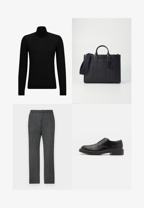 Black turtleneck sweater made of soft material, featuring long sleeves and a snug fit. Ribbed trim at the hem and cuffs. Simple design.; Tailored gray trousers made of textured fabric with a subtle pattern, featuring a straight leg design and a standard waistband.; Black leather lace-up shoe with a rounded toe, smooth texture, minimal stitching, and a low rubber heel. Logo on the heel.; Dark navy leather briefcase with dual top handles and a detachable strap. Features textured finish, vertical stitching, and logo detail.