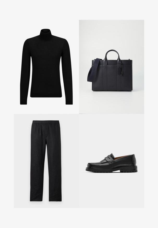 Musthave muströid ja pehmest materjalist must turtleneck, millel on pikad varrukad ja tihe istuvus. Ribaga ääris allservas ja vöökohal. Lihtne disain.; Mustad linasäärised, millel on vabalt langev lõige, elastne vöökoht ja sirged jalad. Sile tekstuur, ei ole nähtavaid mustreid ega aktsente.; Mustad mustad nahast kingad on varustatud tõstetud õmblusega, kahe dekoratiivse rihmaga peal, ja paksu tekstuuriga tallaga paremaks haardeks.; Tumedat mere nahkbriefcase kahekordsete ülemiste käepidemetega ja eemaldatava rihmaga. Omab tekstureeritud viimistlust, vertikaalset õmblust ja logodetaili.