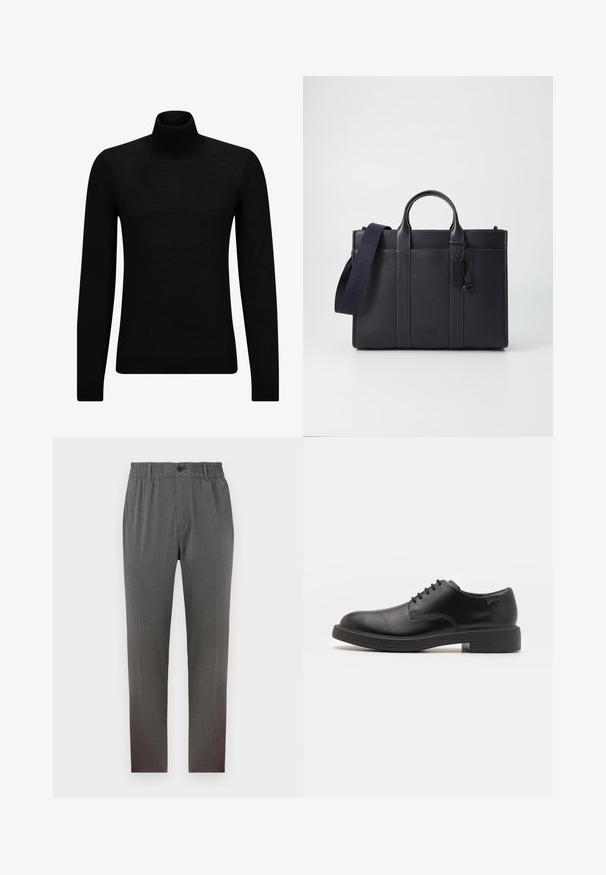 Black turtleneck sweater made of soft material, featuring long sleeves and a snug fit. Ribbed trim at the hem and cuffs. Simple design.; Gray pants with a tailored design, featuring an elastic waistband, button closure, and straight legs; made of soft, textured fabric.; Black leather lace-up shoe with a rounded toe, smooth texture, minimal stitching, and a low rubber heel. Logo on the heel.; Dark navy leather briefcase with dual top handles and a detachable strap. Features textured finish, vertical stitching, and logo detail.