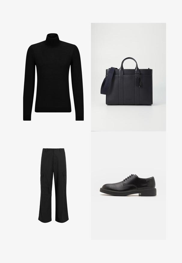 Pulover negru cu guler înalt, realizat dintr-un material moale, cu mâneci lungi și o croială ajustată. Tiv și mansete cu margine ondulată. Design simplu.; Pantaloni cargo negri dintr-un material ușor, cu o croială relaxată, două buzunare laterale mari și închidere cu nasture.; Pantofii din piele neagră, cu șireturi, au vârful rotunjit, o textură netedă, cusături minime și un toc de cauciuc scăzut. Logo pe toc.; Servietă din piele de culoare albastru închis, cu două mânere superioare și o curea detasabilă. Prezintă un finisaj texturat, cusături verticale și detalii cu logo.