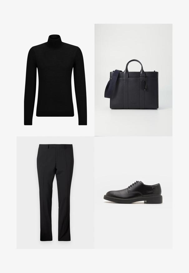 Črna turtleneck pulover iz mehkega materiala, z dolgimi rokavi in tesnim prileganjem. R ibana obroba na robu in rokavih. Preprosta zasnova.; Črne krojene hlače z zankami za pas, sprednjim pregibom in ravnim krojem na enobarvni bež podlagi.; Črne usnjene čipkaste čevlje z zaobljenim nosom, gladko teksturo, minimalnim šitjem in nizkim gumijastim peto. Logo na peti.; Temno mornarsko usnjeno aktovko z dvema zgoraj ročaji in odstranljivim trakom. Ima teksturirano površino, navpične šive in podrobnost z logotipom.