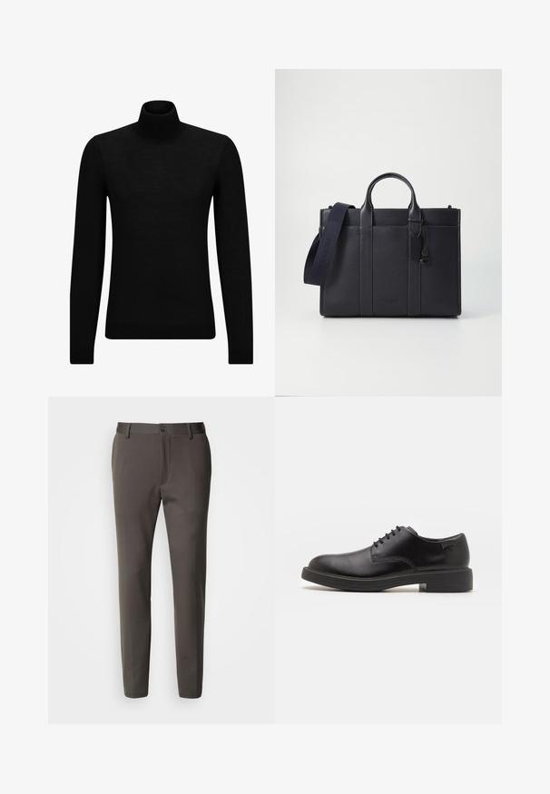 Črna turtleneck pulover iz mehkega materiala, z dolgimi rokavi in tesnim prileganjem. R ibana obroba na robu in rokavih. Preprosta zasnova.; Slim-fit hlače iz temno sive tkanine, z ravnim sprednjim delom, zankami za pas ter posameznim gumbom za zapiranje v pasu. Gladka tekstura.; Črne usnjene čipkaste čevlje z zaobljenim nosom, gladko teksturo, minimalnim šitjem in nizkim gumijastim peto. Logo na peti.; Temno mornarsko usnjeno aktovko z dvema zgoraj ročaji in odstranljivim trakom. Ima teksturirano površino, navpične šive in podrobnost z logotipom.