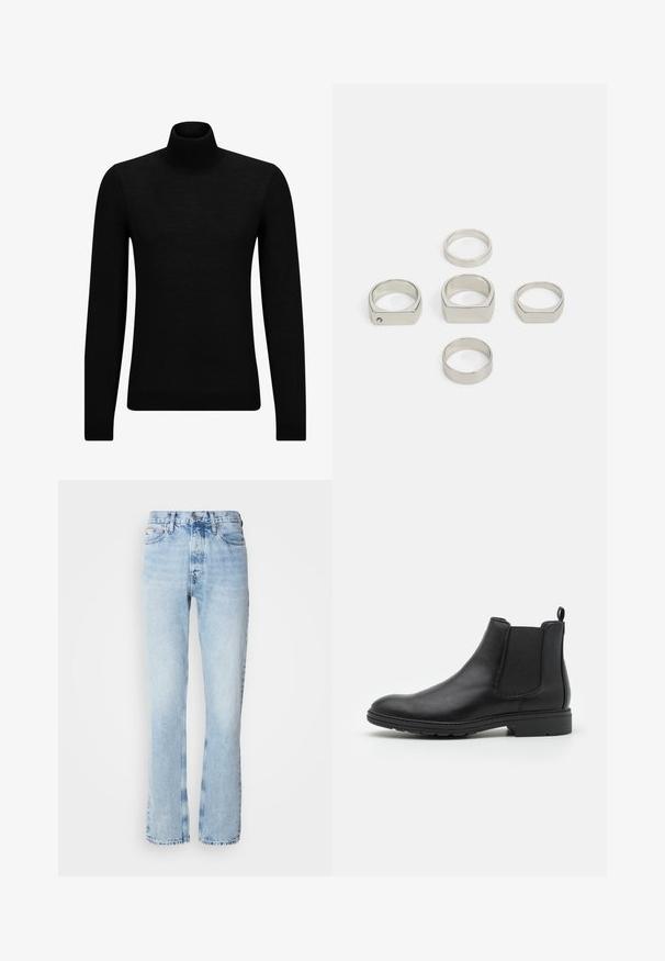Jersey de cuello alto negro hecho de un material suave, con mangas largas y un ajuste ceñido. Ribete acanalado en el dobladillo y los puños. Diseño simple.; Vaqueros de denim azul claro con corte recto, que presentan un diseño clásico de cinco bolsillos, cierre de botón metálico y un ligero desteñido.; Botín Chelsea de cuero negro con paneles laterales elásticos y una tira de sujeción, con punta redondeada y suela de goma texturizada.; Conjunto de seis anillos metálicos plateados en diversas formas, incluyendo redondos y cuadrados, con texturas suaves y un diseño minimalista.