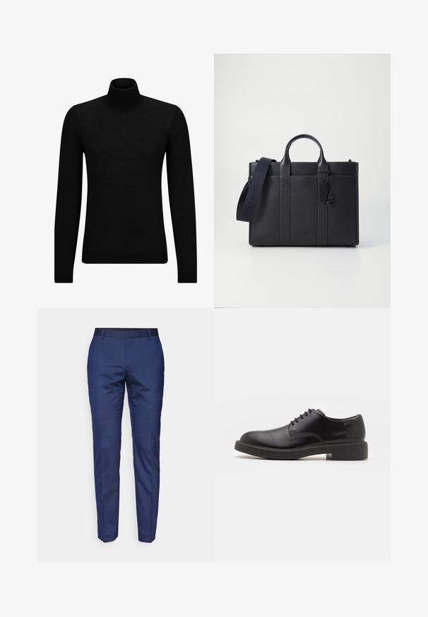 Jersey de cuello alto negro hecho de un material suave, con mangas largas y un ajuste ceñido. Ribete acanalado en el dobladillo y los puños. Diseño simple.; Pantalones de corte entallado en azul marino con una textura suave, de corte recto y ajustado, y una cintura negra. Sin patrones visibles ni detalles de hardware.; Zapato negro de cuero con cordones, punta redondeada, textura suave, costuras mínimas y tacón bajo de goma. Logo en el tacón.; Maletín de cuero negro marino con dos asas superiores y una correa desmontable. Presenta un acabado texturizado, costura vertical y detalle del logo.