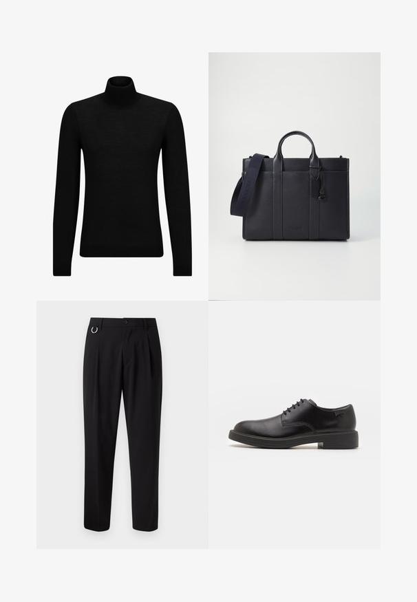 Pulover negru cu guler înalt, realizat dintr-un material moale, cu mâneci lungi și o croială ajustată. Tiv și mansete cu margine ondulată. Design simplu.; Pantaloni negri cu croială dreaptă, față pliată, bucle pentru curea și un accent cu inel argintiu. Confecționați dintr-un material neted, fără modele vizibile.; Pantofii din piele neagră, cu șireturi, au vârful rotunjit, o textură netedă, cusături minime și un toc de cauciuc scăzut. Logo pe toc.; Servietă din piele de culoare albastru închis, cu două mânere superioare și o curea detasabilă. Prezintă un finisaj texturat, cusături verticale și detalii cu logo.
