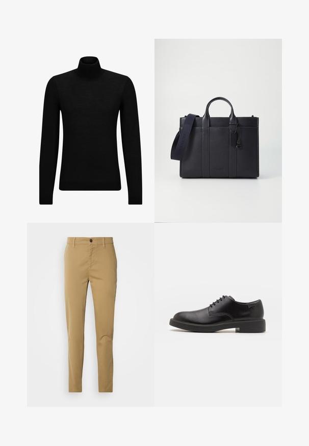 Fekete garbó pulóver puha anyagból, hosszú ujjakkal és szoros fazonnal. Ribbed díszítés az alján és az ujjak végén. Egyszerű dizájn.; Khmerszínű, pamutból készült nadrág. Slim fit fazonú, sima textúrájú, elülső zsebekkel és egy gombos derékkal.; Fekete bőrcipő, kerek orrú, sima felületű, minimális varrással és alacsony gumitalppal. Logó a sarokrészen.; Sötét tengerészkék bőr aktatáska, dupla felső fogantyúval és levehető pánttal. Texturált felülettel, függőleges varrással és logó részlettel rendelkezik.