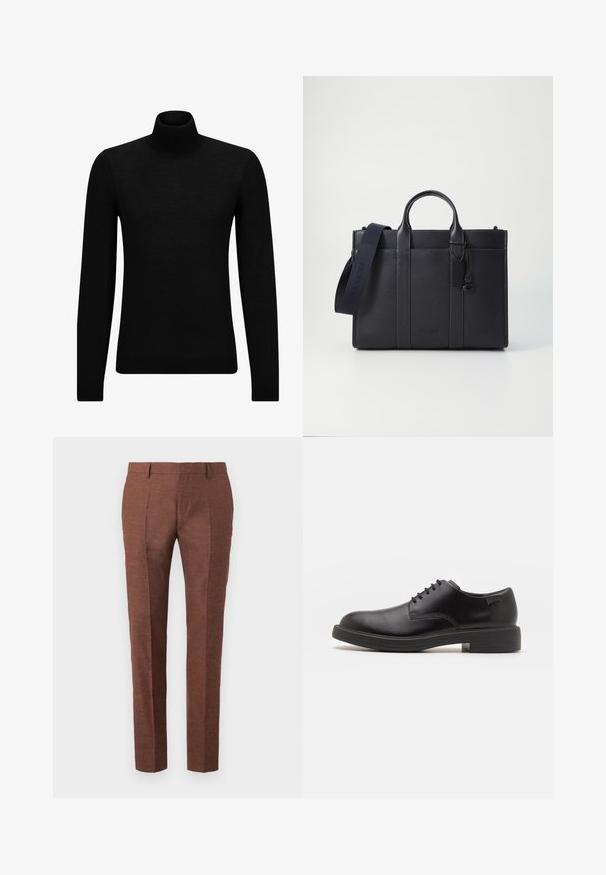 Černý rolák vyrobený z měkkého materiálu, s dlouhými rukávy a těsným střihem. Hladký lem na spodním okraji a manžetách. Jednoduchý design.; Hnědé lněné kalhoty s texturovaným povrchem mají slim fit střih, prošité přední záhyby a dvě boční kapsy.; Černé kožené šněrovací boty s kulatou špičkou, hladkým povrchem, minimálním prošíváním a nízkým gumovým podpatkem. Logo na patě.; Tmavě námořnická kožená aktovka s dvojitými horními rukojeťmi a odnímatelným popruhem. Má texturovaný povrch, vertikální švy a detail s logem.