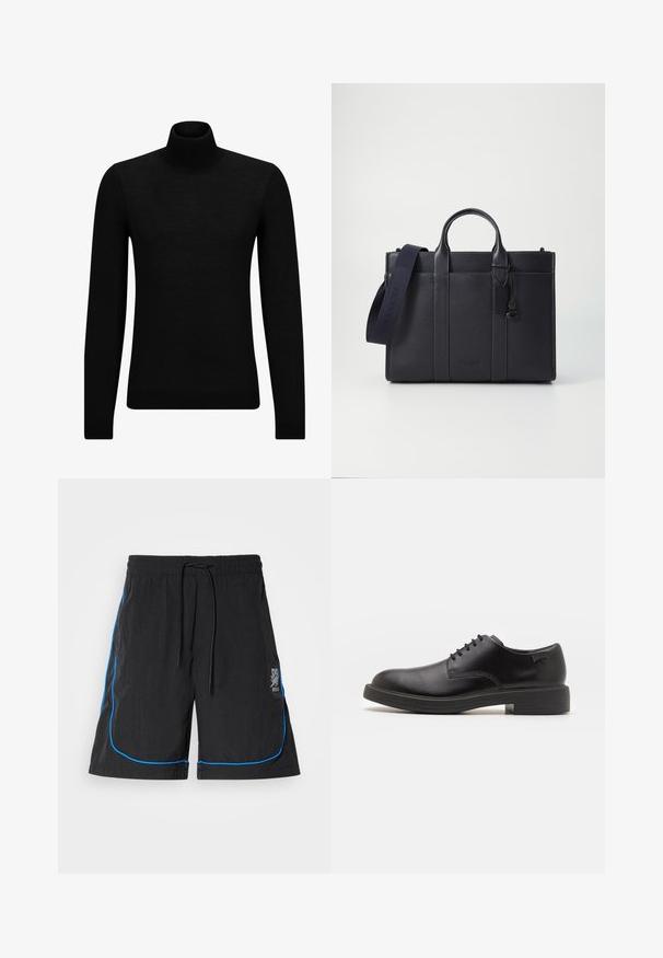Jersey de cuello alto negro hecho de un material suave, con mangas largas y un ajuste ceñido. Ribete acanalado en el dobladillo y los puños. Diseño simple.; Bañador negro con cordón en la cintura, que presenta piping azul a lo largo de las costuras y un logo en el muslo izquierdo. Tejido ligero.; Zapato negro de cuero con cordones, punta redondeada, textura suave, costuras mínimas y tacón bajo de goma. Logo en el tacón.; Maletín de cuero negro marino con dos asas superiores y una correa desmontable. Presenta un acabado texturizado, costura vertical y detalle del logo.