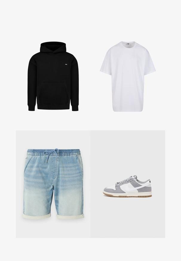 Musta huppari, valmistettu puuvillasekoitekankaasta. Siinä on etutasku, resorit hihansuissa ja helmassa sekä pieni logo rinnassa. Yksinkertainen muotoilu.; Valkoinen puuvillainen t-paita, jossa on lyhyet hihat, pyöreä kaula-aukko, rento istuvuus ja ei näkyviä logoja tai kuvioita. Sileä pinta ja minimaalinen muotoilu.; Vaaleansiniset farkkutrikoot, joissa on joustava vyötärö, naru suljenta, sivutaskut ja käännetyt helmapäät. Sileä pinta.; Niken tennarit on valmistettu harmaasta mokkanahasta ja valkoisesta nahasta, joissa on rei'itykset, pyöreät nauhat ja kumipohja pitoon.