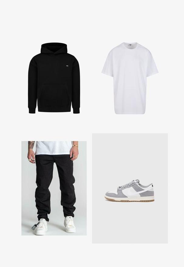 Černá mikina s kapucí z bavlněné směsové tkaniny. Má přední kapsu ve stylu klokanky, žebrované manžety a lem, a malý logo na hrudi. Jednoduchý design.; Bílé triko z bavlny s krátkým rukávem, kulatým výstřihem, volným střihem a bez viditelných log či vzorů. Hladká textura a minimalistický design.; Černé džíny z denimu s uvolněným střihem, viditelné šití, boční kapsy a visačka připevněná k botě. Bílí tenisky dokončují vzhled.; Šedé a bílé tenisky s svrškem z jemné kůže a kůže, kulatou špičkou, plochými tkaničkami a gumovou podrážkou s akcentem v barvě gumy.