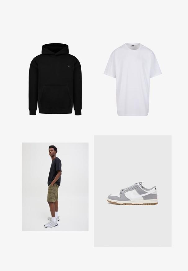Černá mikina s kapucí z bavlněné směsové tkaniny. Má přední kapsu ve stylu klokanky, žebrované manžety a lem, a malý logo na hrudi. Jednoduchý design.; Bílé triko z bavlny s krátkým rukávem, kulatým výstřihem, volným střihem a bez viditelných log či vzorů. Hladká textura a minimalistický design.; Černé tričko s krátkým rukávem, olivově zelené cargo šortky s kapsami, bílé kotníkové ponožky a stříbrné sportovní boty, stojící na neutrálním pozadí.; Tenisky Nike mají šedý semišový a bílý kožený svršek s perforacemi, kulaté tkaničky a gumovou podrážku pro lepší trakci.