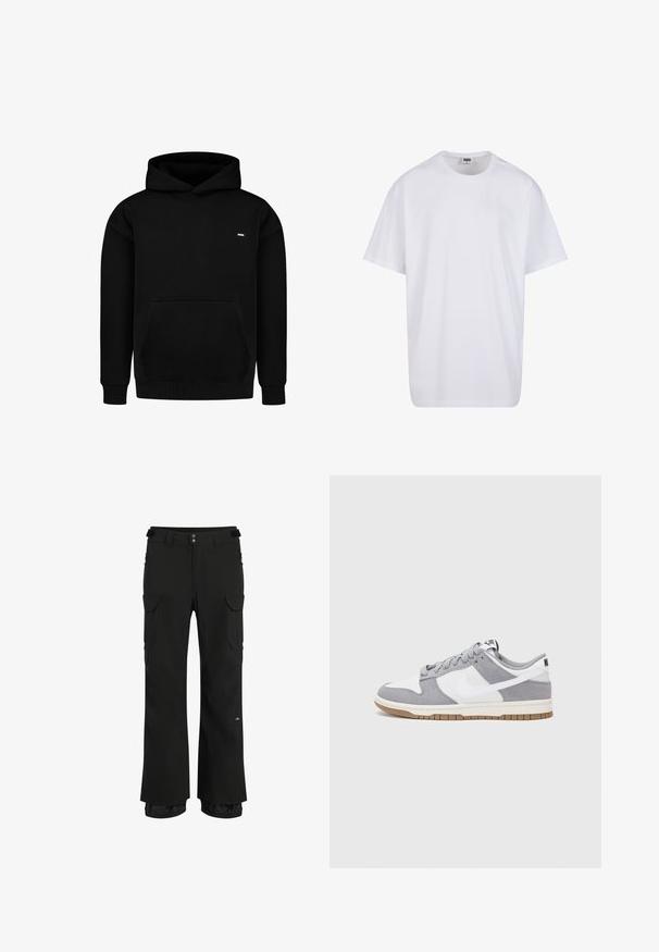 Musta huppari, valmistettu puuvillasekoitekankaasta. Siinä on etutasku, resorit hihansuissa ja helmassa sekä pieni logo rinnassa. Yksinkertainen muotoilu.; Valkoinen puuvillainen t-paita, jossa on lyhyet hihat, pyöreä kaula-aukko, rento istuvuus ja ei näkyviä logoja tai kuvioita. Sileä pinta ja minimaalinen muotoilu.; Mustat cargo-housut, joissa on löysä istuvuus, useita sivutaskuja, säädettävä vyötärö ja vettä hylkivä kangas ulkoilua varten.; Harmaa ja valkoinen lenkkari, jossa on mokka- ja nahkapinta, pyöreä kärki, litteät nauhat ja kumipohja, jossa on vaahtomuoviväri.